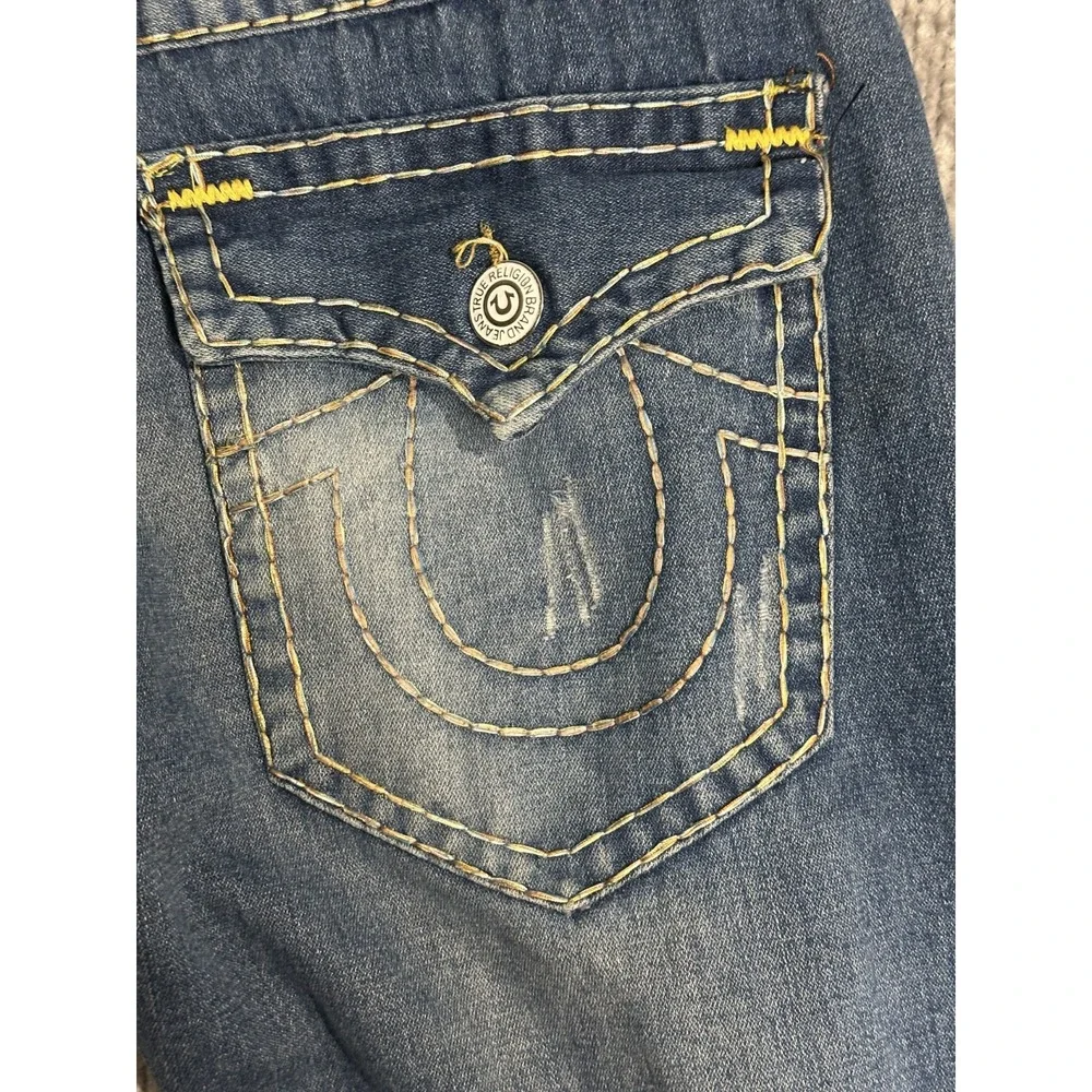 TRUE RELIGION Jeans Mens 36x33 Straight Leg Blue Denim Yellow Stitching